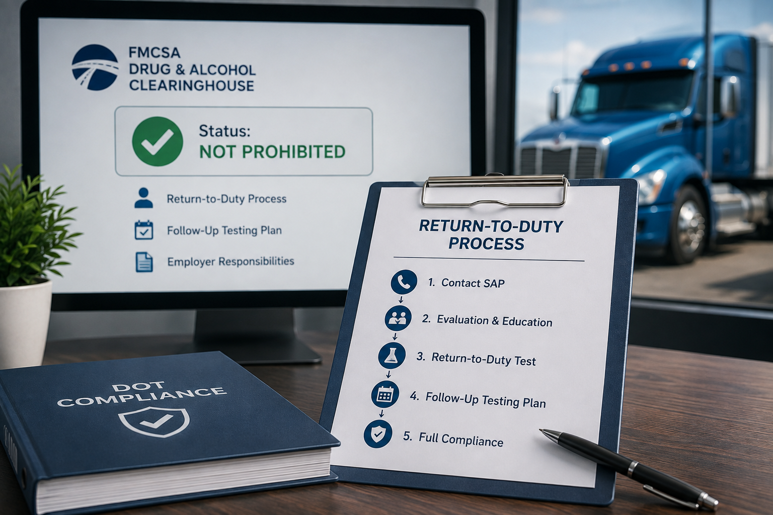 FMCSA Clearinghouse return-to-duty process with Not Prohibited status, follow-up testing, employer responsibilities, and a commercial truck.